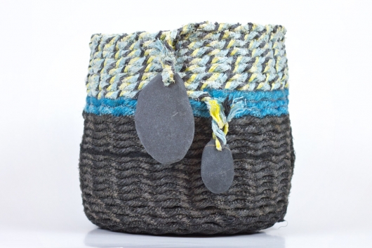 Black Base Double Stone Basket, Ghost Net Baskets -  artwork by Emily Miller