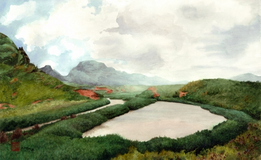 Mist at Alekoko Fishpond, Mauka — the mountains - fishpond, lihue, haupu, river artwork by Emily Miller