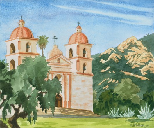 Santa Barbara Mission, California - santa barbara, mission, church,  artwork by Emily Miller