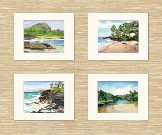 Set of 4 South Shore Kauai art prints Kauai watercolor painting - Artist Emily Miller's Hawaii artwork of  art