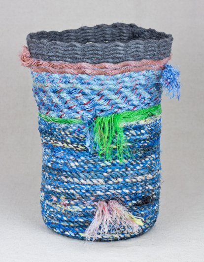  Blue Tassel Basket with Green Stripe, Cowboy Series, Ghost Net Baskets - cowboy baskets artwork by Emily Miller