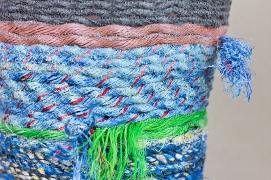  Blue Tassel Basket with Green Stripe, Cowboy Series, Ghost Net Baskets - cowboy baskets artwork by Emily Miller
