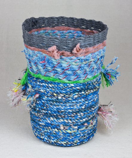  Blue Tassel Basket with Green Stripe, Cowboy Series, Ghost Net Baskets - cowboy baskets artwork by Emily Miller
