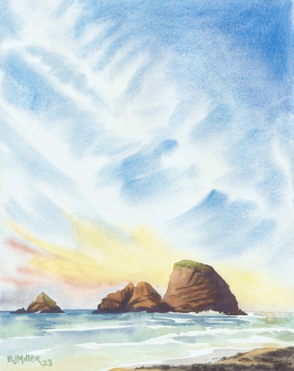 Sky Feathers at Three Arch Rocks, Oregon Coast -  artwork by Emily Miller