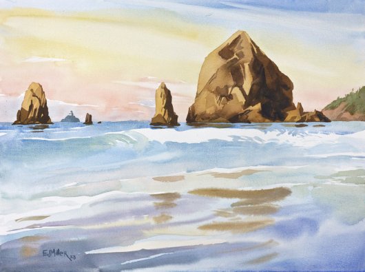 Pastel Skies at Haystack Rock, Oregon Coast - haystack rock, cannon beach, lighthouse artwork by Emily Miller