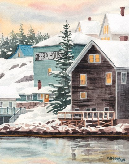 Stonington Opera House Winter Sunset, Down East Maine - stonington, maine artwork by Emily Miller