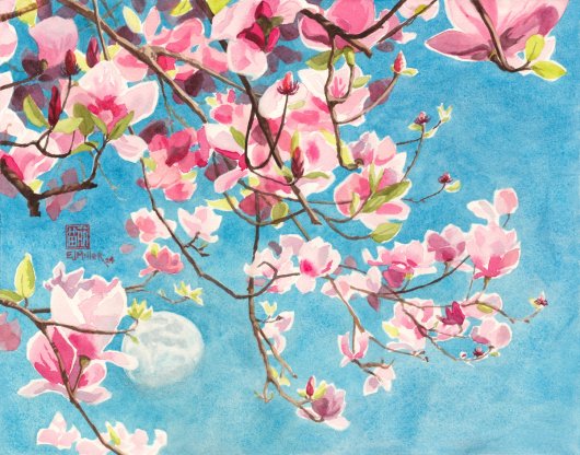 Magnolia Moon, Still Life - moon, flowers, pink artwork by Emily Miller